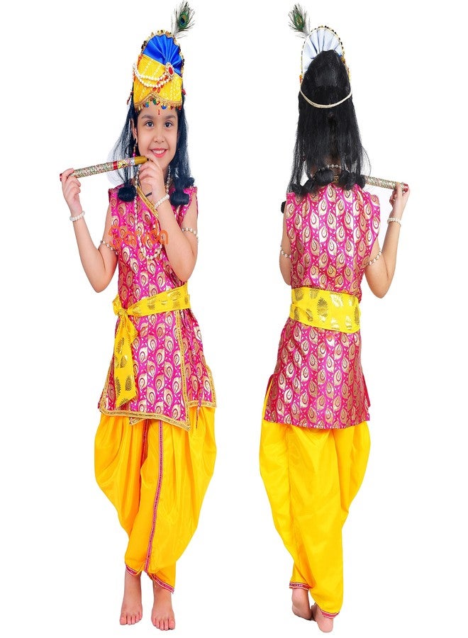 Sarvda Brocade Shree Krishna Dress For Baby Boy & Radha Dress For Girls | Janamashtami Dress | Fancy Dress Costume With Accessories Dhoti, Dupatta, Mukut Flute Complete Set, Ethnic Wear - Image 1